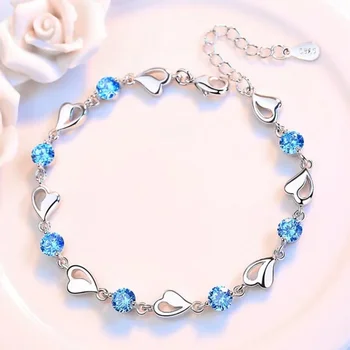 925 Sterling Silver Bracelet For Women Retro Korean Heart Shaped Charm Bracelets Original Bling Blue Crystal Jewelry Party Gifts