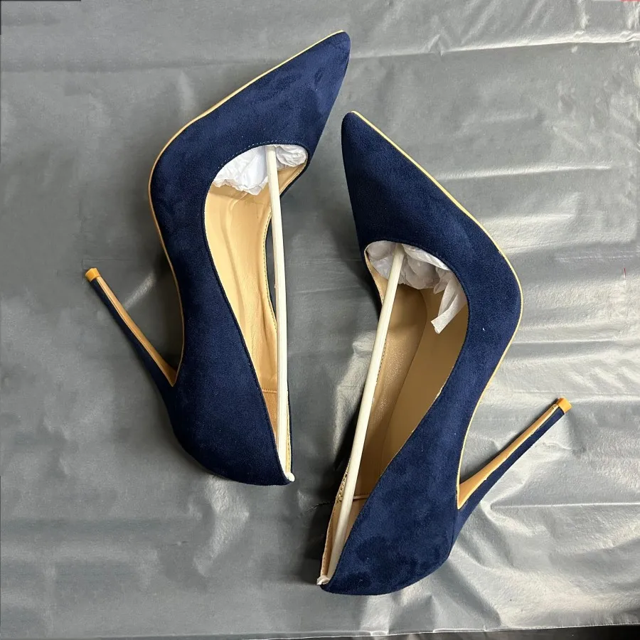 Navy Blue Women Synthetic Suede High Heels Pointed Toe Slip on OL
