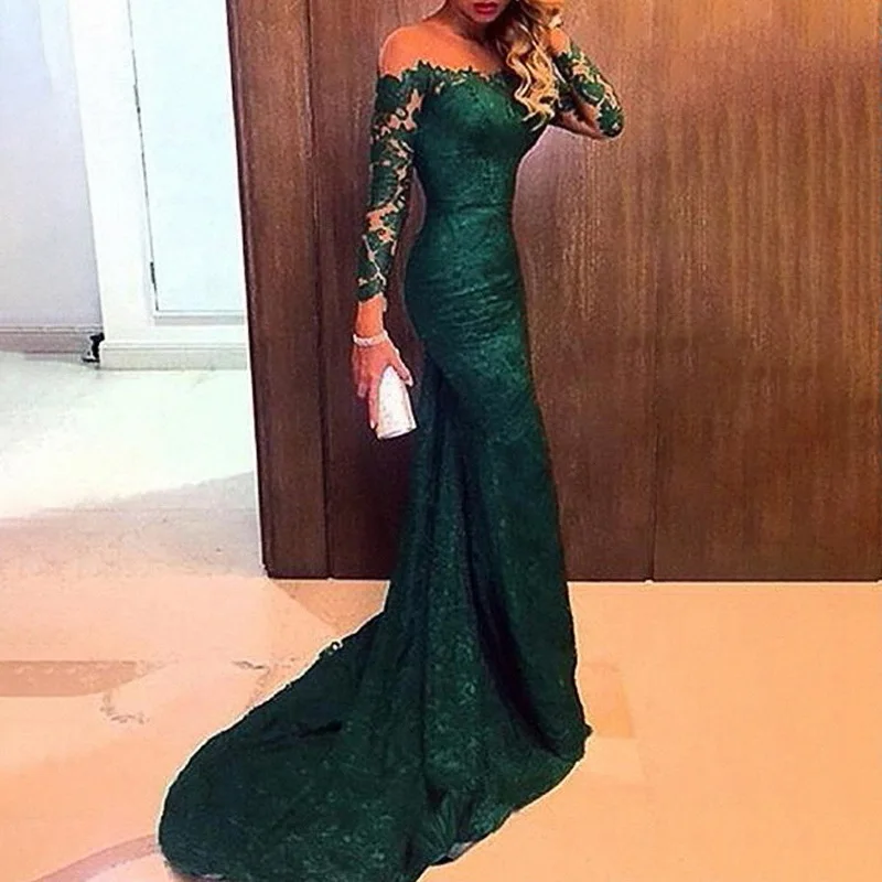 BAZIIINGAAA Luxury Evening Dresses Boat Neck Long Sleeves Mermaid Floor-Length Lace 2022 New for Beading Exquisite Prom Dress
