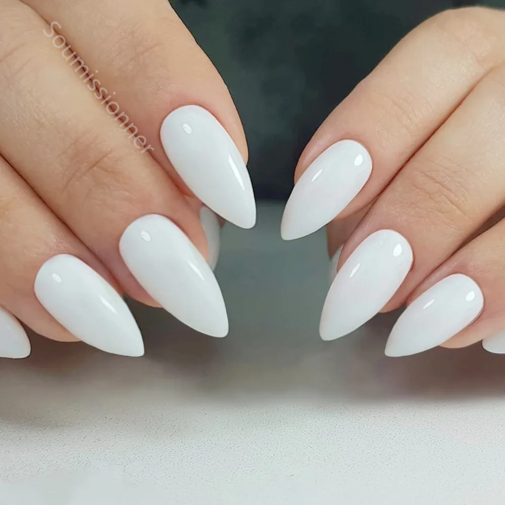 24pcs Shiny White Artificial Press On False Nail With Glue Short