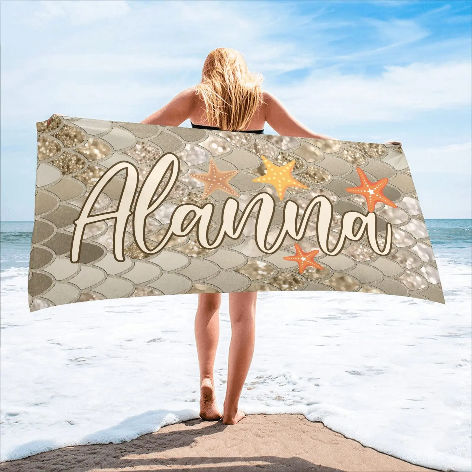 Custom Name Beach Towel for Wedding Birthday Gift Personalized Fish Scale Bath Towel for Sport Traveling Swimming Camping Hiking