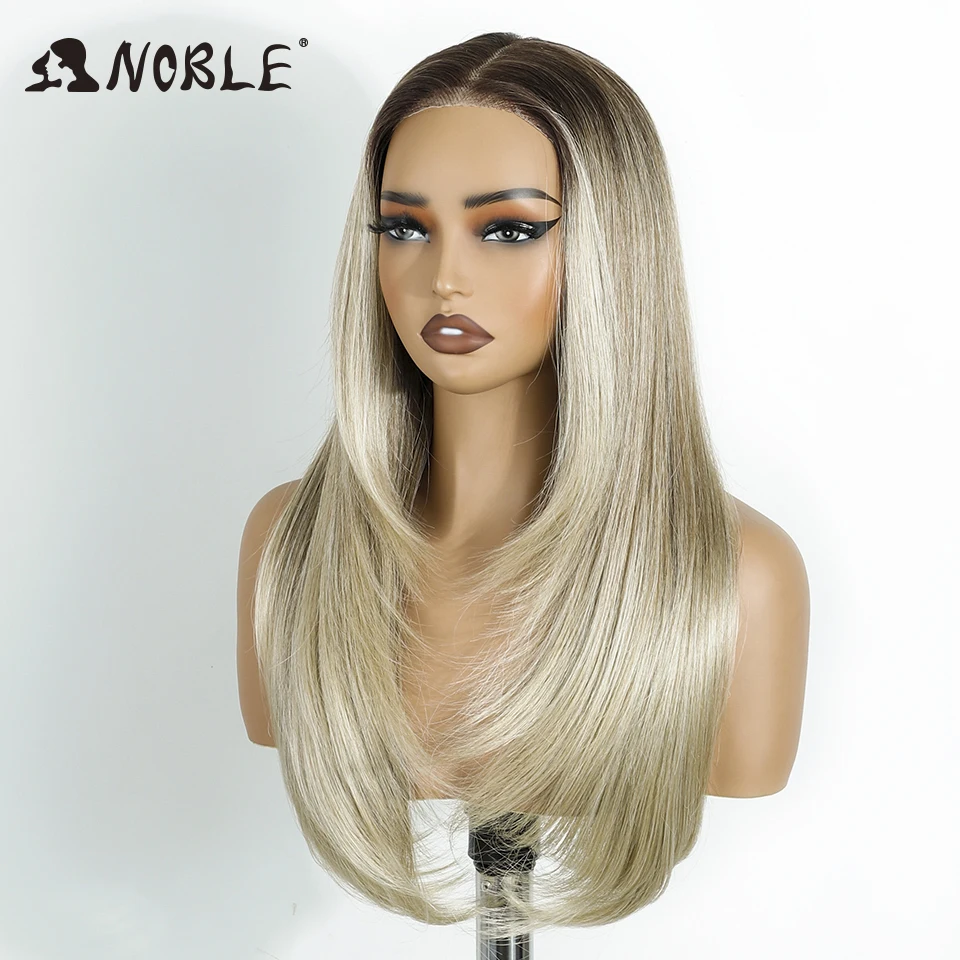 Noble Synthetic Lace Front Wig 24 Inch Straight Lace Wig Ombre Brown 6x4 Pre Plucked Pre Cut Wear and Go Glueless Wigs For Woman