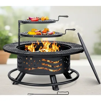 36 Inch Outdoor Fire Pit with 2 Cooking Grates, Wood Burning BBQ Grill Bowl and Cover for Backyard Patio 1