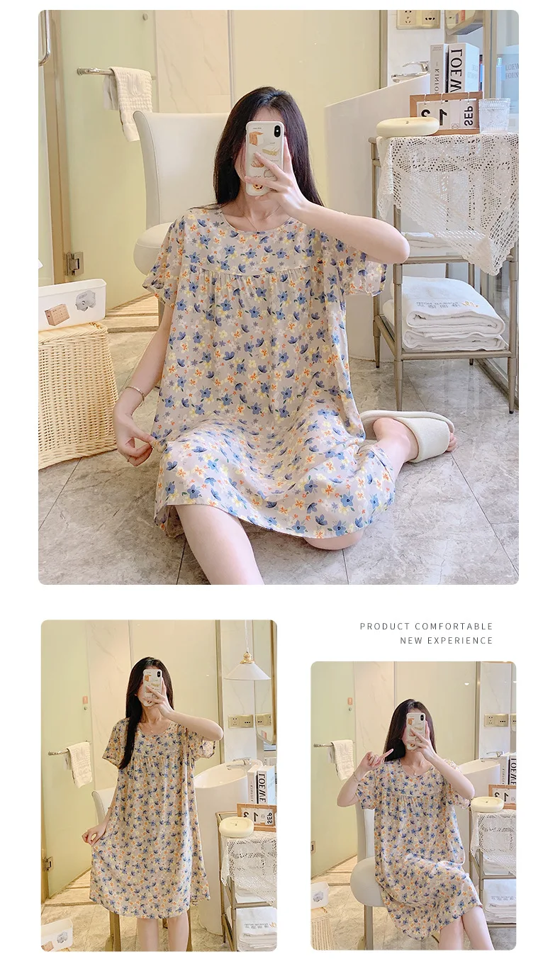 Summer Cotton Silk Nightgown Women's Home Wear Short-Sleeved Cartoon Print Pajamas Burst Large Size Spring and Autumn Home Wear