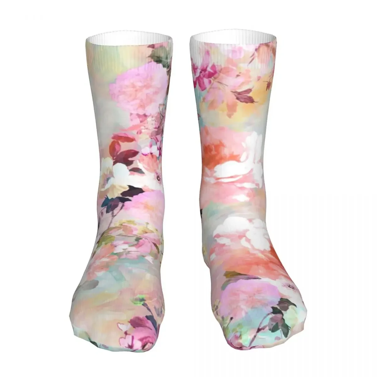 

New Socks Male Mens Women Casual Romantic Pink Teal Watercolor Floral Socks Flowers Skateboard Socks Spring Summer Autumn Winter
