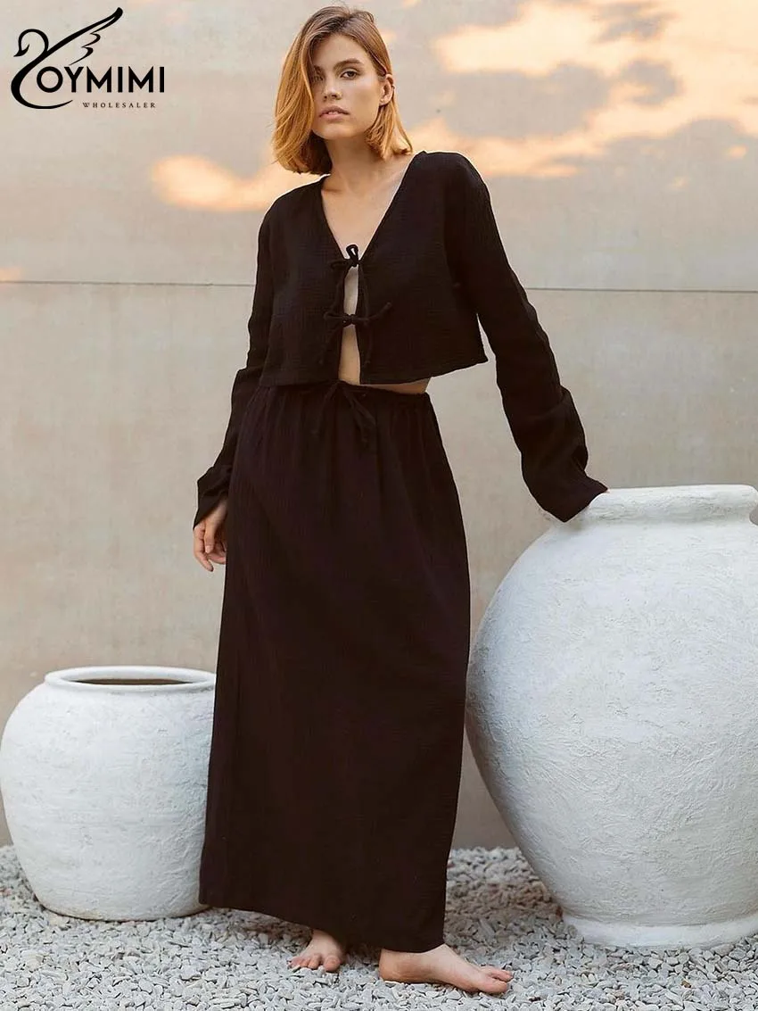 

Модный черный хлопковый Женский комплект Oymimi из 2 предметов, Весенняя рубашка с V-образным вырезом и длинным рукавом, со шнуровкой и простые прямые юбки