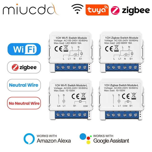 MIUCDA Tuya WiFi Zigbee Smart Light Switch Module Switching Breaker Neutral /No Neutral Wire Control Work with Alexa Google Home