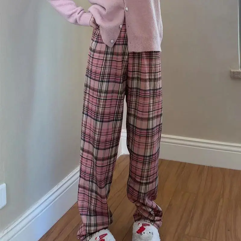 Padded Thickened Wide Leg Pants Winter LambswoolPlaid Pants Female High Waist Casual Straight Pants 5