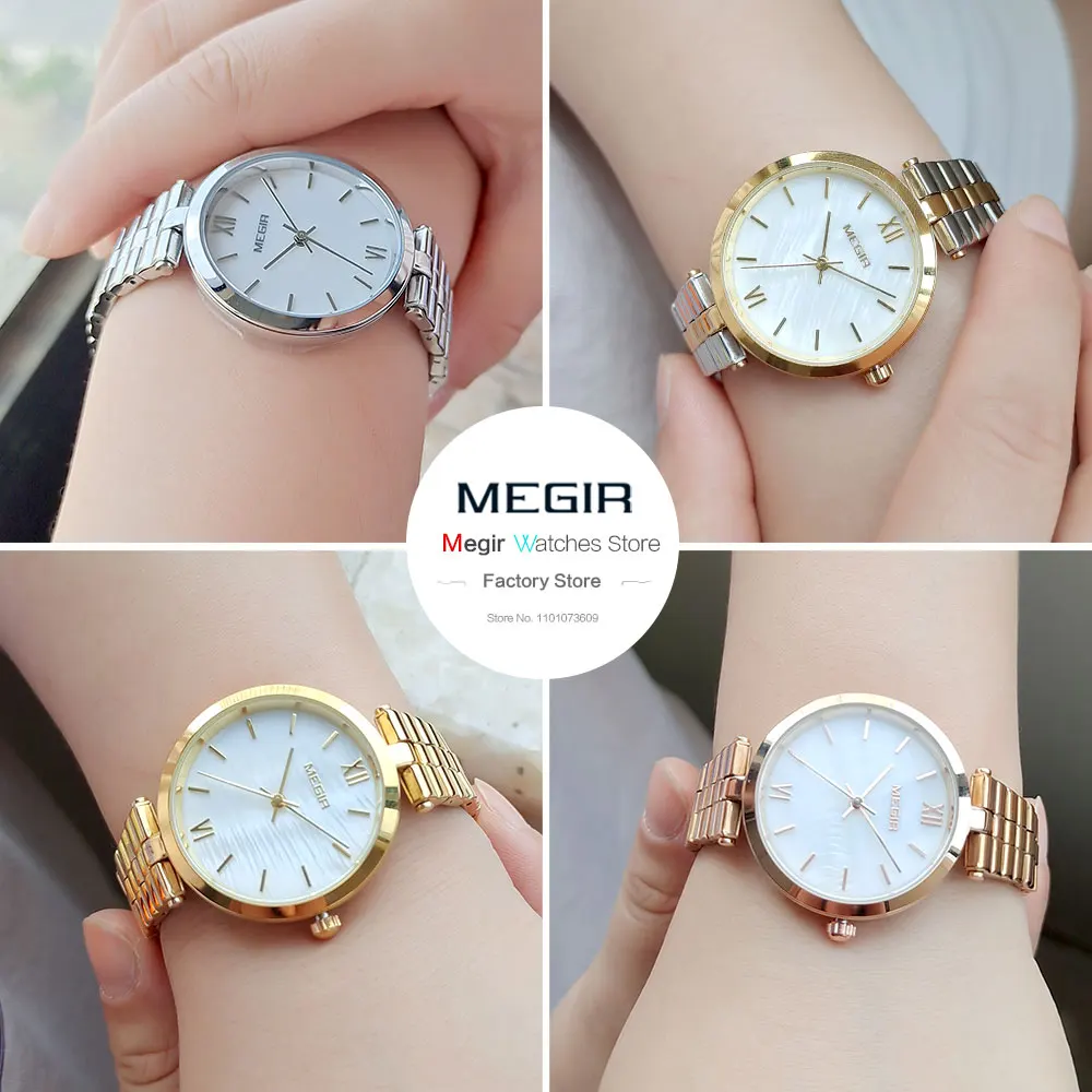 MEGIR Quartz Watch for Women Fashion Simple Analog Vintage Wristwatch with Stainless Steel Band 3atm Waterproof Lady Silver Gold