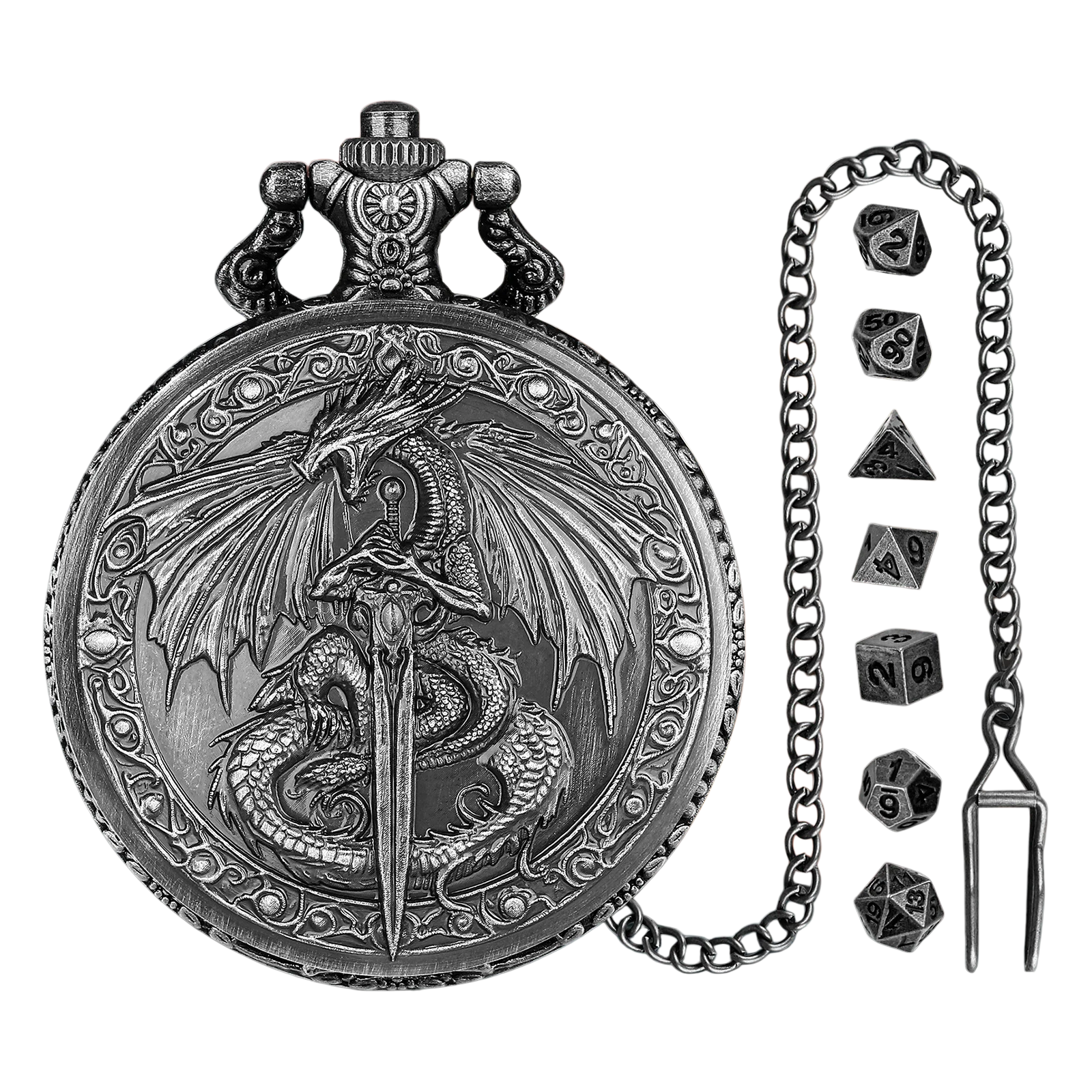 Vintage-Inspired Double Dragon DND Dice Jewelry Pocket Watch Case with 7 Metal Dice Set