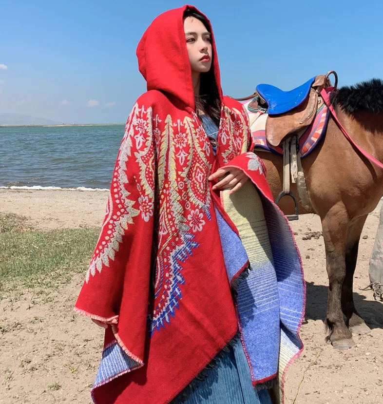 

Poncho Cloak Travel Warm Split Cape New Ethnic Style Hooded Cape with Wind Flowing Su Imitation Cashmere Shawl