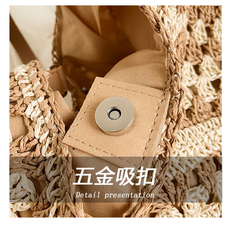 Popular Women's Woven Straw Shoulder Bag Medium Size Handbag with Handle for Beach Vacation Tote Large Capacity Beach Bags