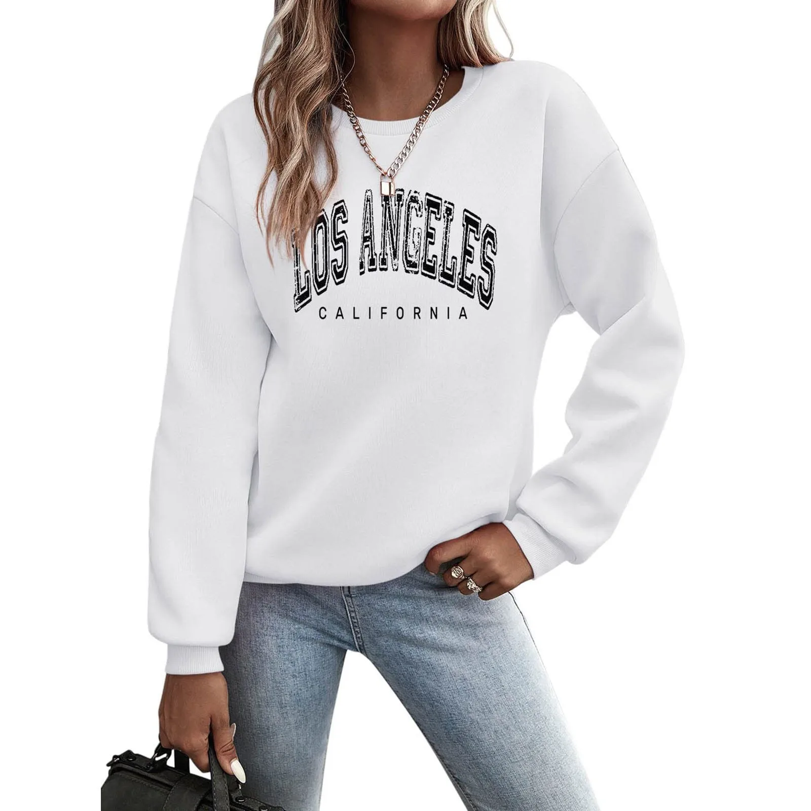Women's Pullover Sweatshirt Losangeles Letter Printed Long Sleeved Crew Collar Pullover Fall/Winter Sports Casual Knit T Shirt