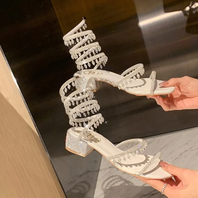 

New Summer Sandals Women Crystal Pendant Open Toe High Heels Sandalias Female Party Wedding Shoes Women sandalias de las mujeres