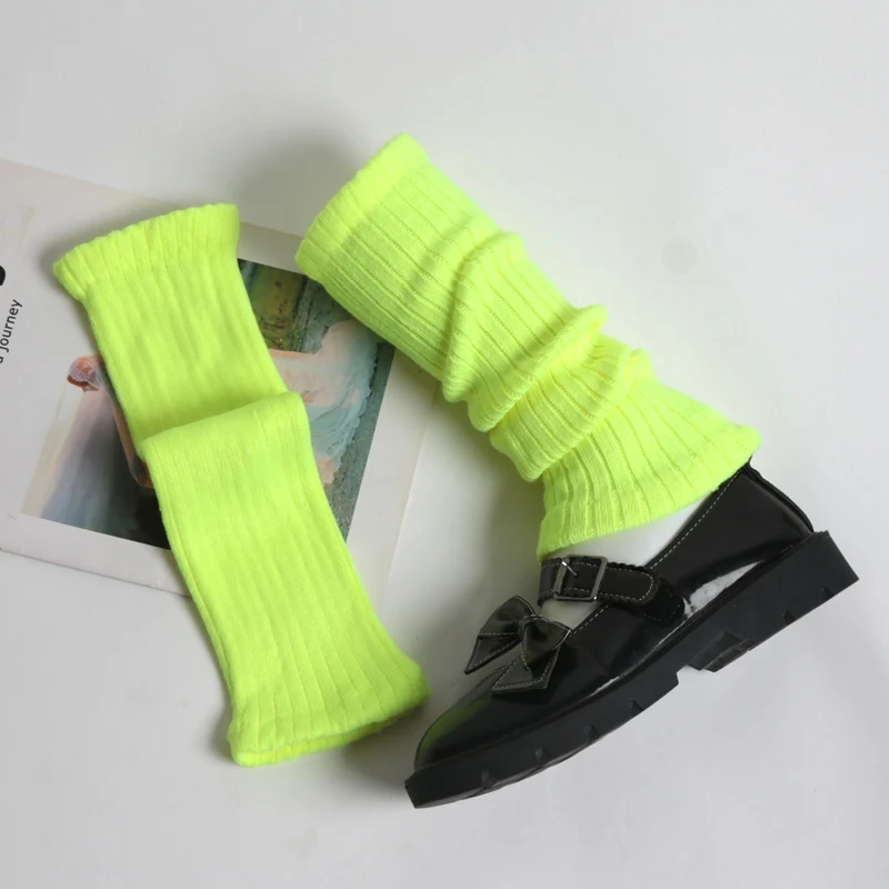 Women Winter Bright Green Color JK Style Spice Girls College Foot Cover Warm Pile Long Socks Boot Cuff Cover Knitted Leg Warmers