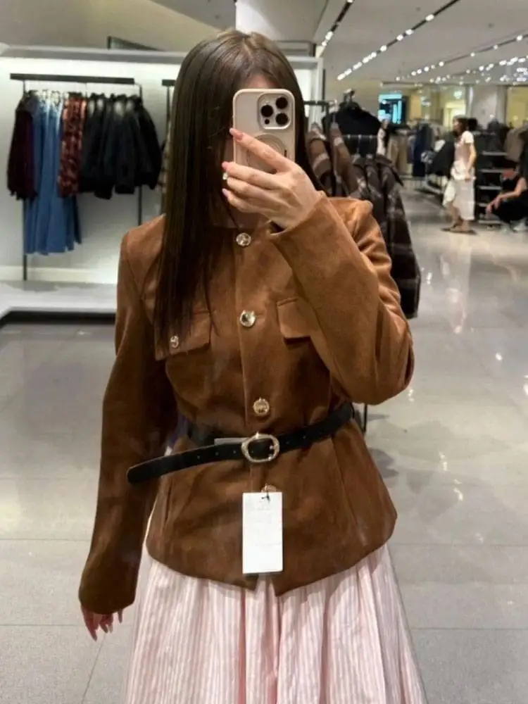 HH Women Elegant Solid Suede Coat Single Breasted O Neck Long Sleeve Jacket With Belts Autumn Fashion High Street Woman Outwear
