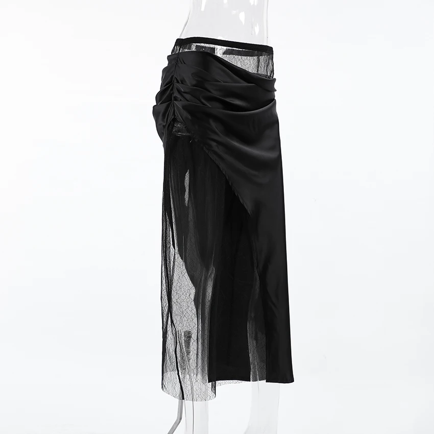 Linad Sexy Black Patchwork See Through Long Skirts Lady Street Chic High Waist Straight Skirts Summer Elegant Satin Split Skirt