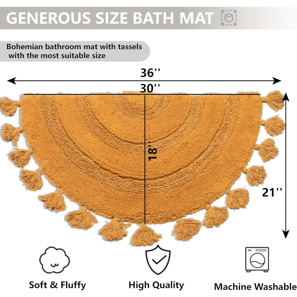 Half Circle Boho Bathroom Rugs with Tassels 100% Cotton Hand-Woven Bath Rugs Non Slip Absorbent Crochet Rugs Machine Washable Bo