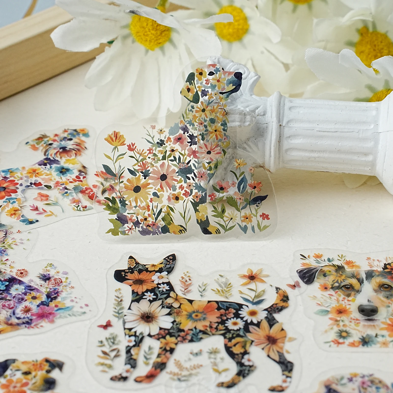 Etori Life 꽃무늬 강아지 디자인 15개 수채화 꽃무늬 강아지 레이스 테두리 스티커 (저널용), 예술적 저널 콜라주 장식 재료 (노트북, 휴대폰 스티커, 여행 가방, 사무실 장식 액세서리, 수제 스크랩