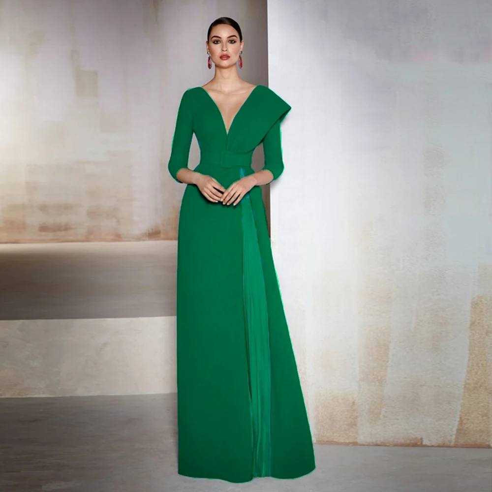 

Elegant Green Mother of the Bride Dresses V-Neck 3/4 Sleeves Wedding Party Gowns Backless A-Line Floor Length 2023 فستان سهرة