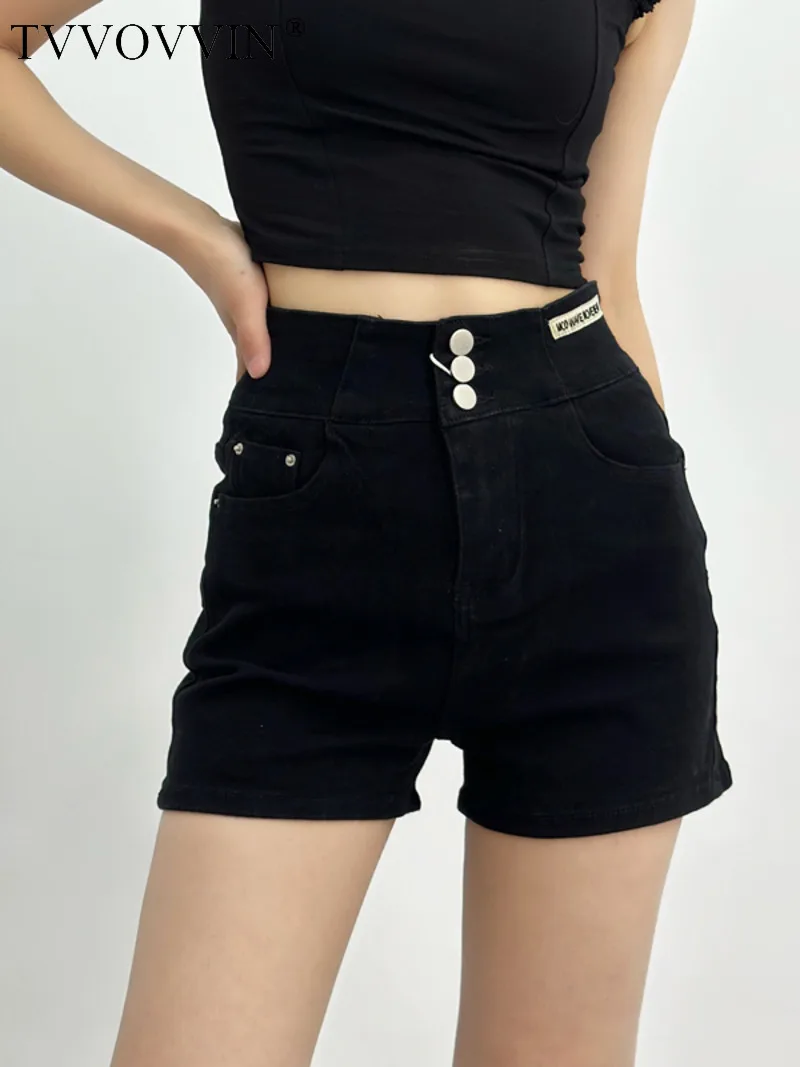 

TVVOVVIN 2023 Summer Women's Spicy Girls Retro High Waist Three Button A-line Wide Leg Solid Color Fashion Denim Shorts UJUF