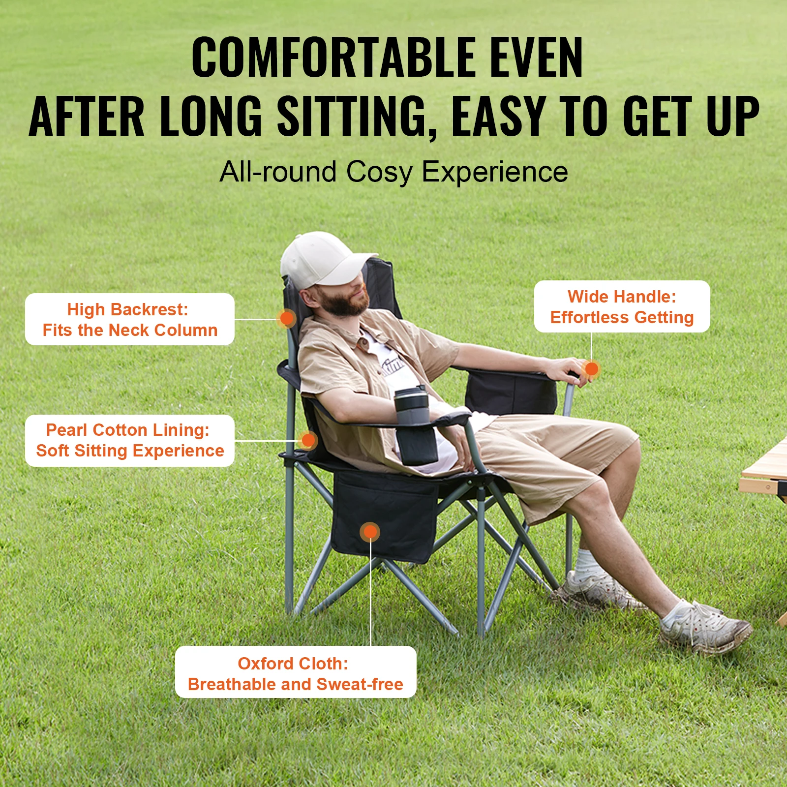 VEVOR Camping Folding Chair for Adults Portable Outdoor Lumbar Back Padded Arm Chairs for Beach Lawn Picnic Fishing Backpacking 4