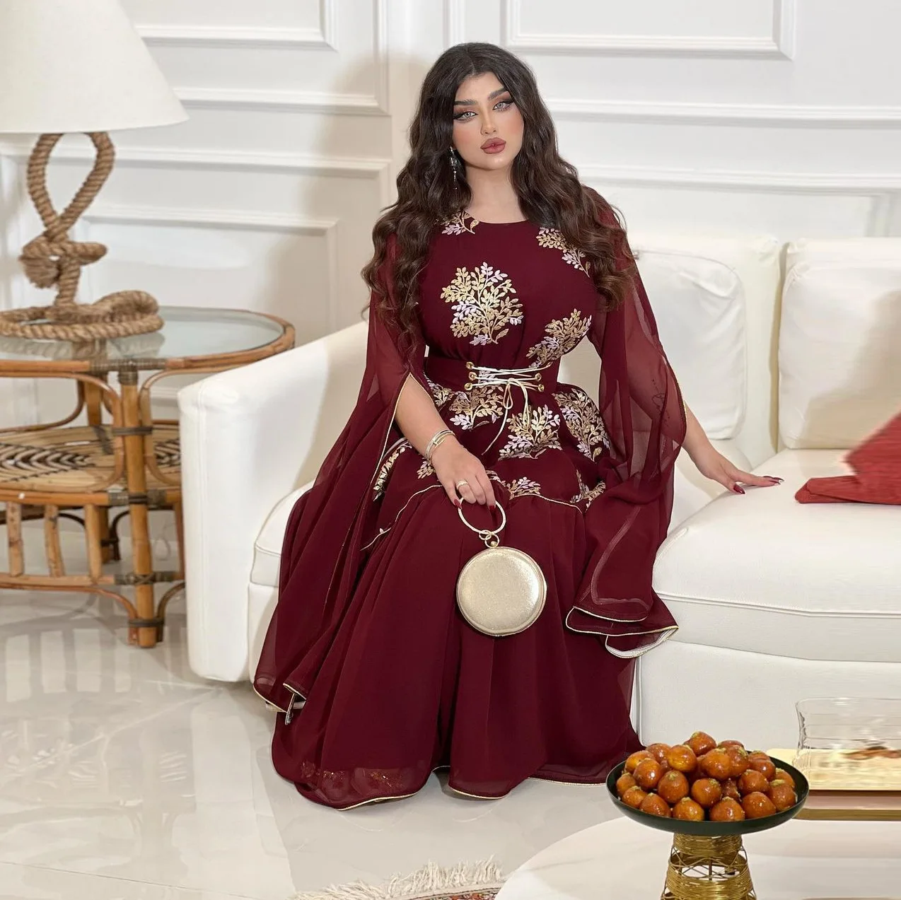 Women Embroidery Belted Evening Moroccan Kaftan Mesh Covering Long Sleeve Dubai Abaya Turkish Dress Party Robe Musulman