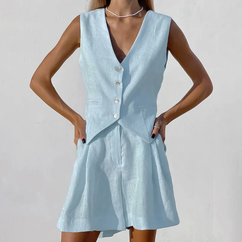 2023 New Cotton Line Waistcoat Shorts Sets Women Sleeveless Single Breasted Top Two Piece Set Womens 2023 Summer Lady Set