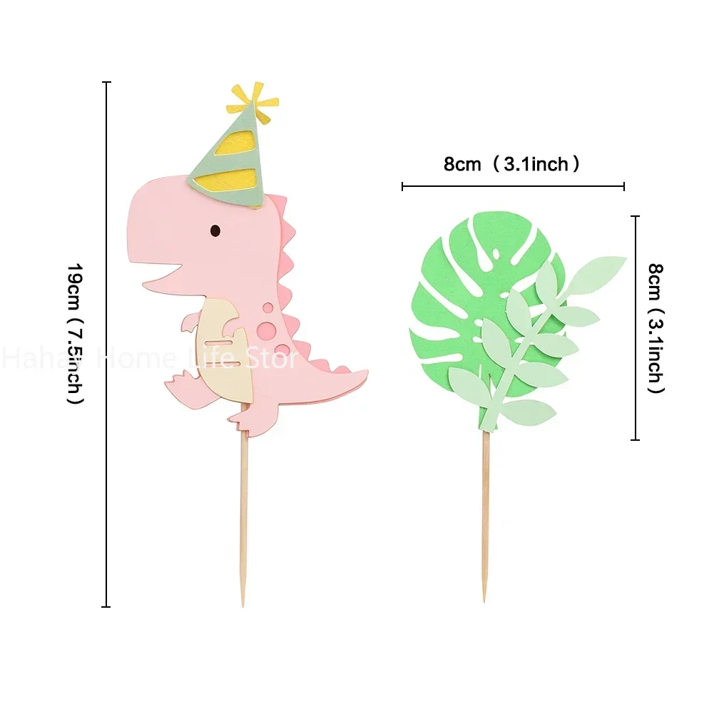Clay Dinosaur Cake Toppers With Leaves - Jungle Safari Party Decor For Birthday Cakes & Baby Showers