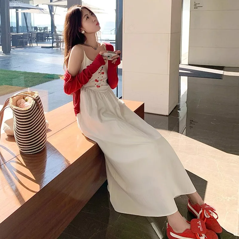 봄 여름 출산복 화이트 스트랩 드레스 레드 오픈 가디건 해변 휴가 투피스 세트 편안한 느낌 임산부 의류