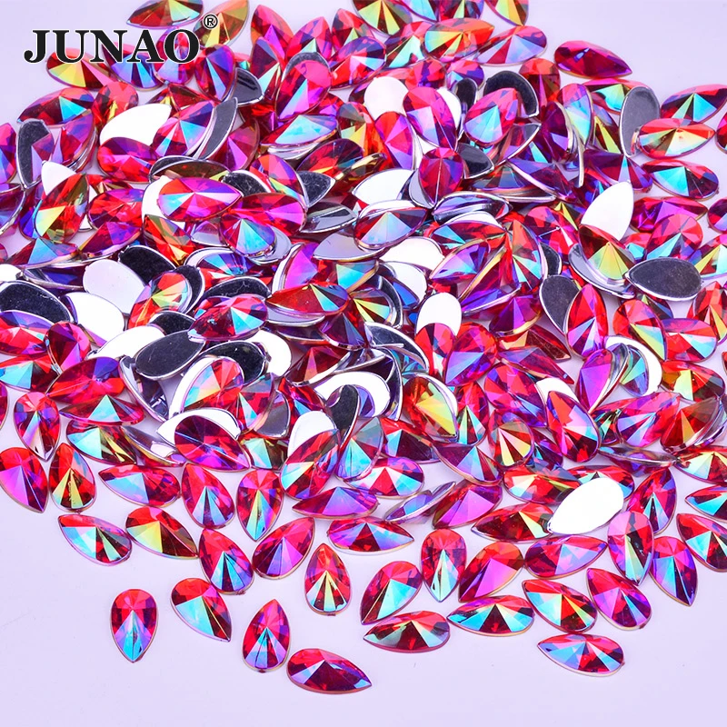 

JUNAO 9*18mm 8*13mm Red AB Acrylic Teardrop Rhinestone Flatback Crystals Stones Non Sewing Strass For Dress Jewelry Making