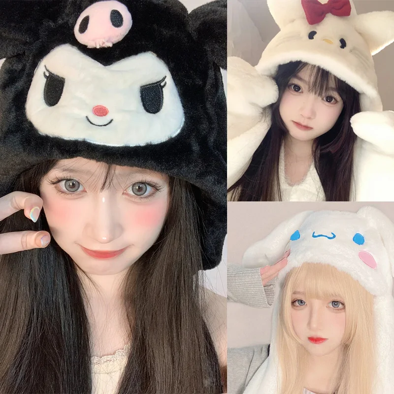 

Sanrio Милая мультяшная шапка Hellokitty Kawaii Kuromi плюшевая шапка для защиты ушей для девочек зимняя аниме шапка Cinnamoroll A с движущимися ушами