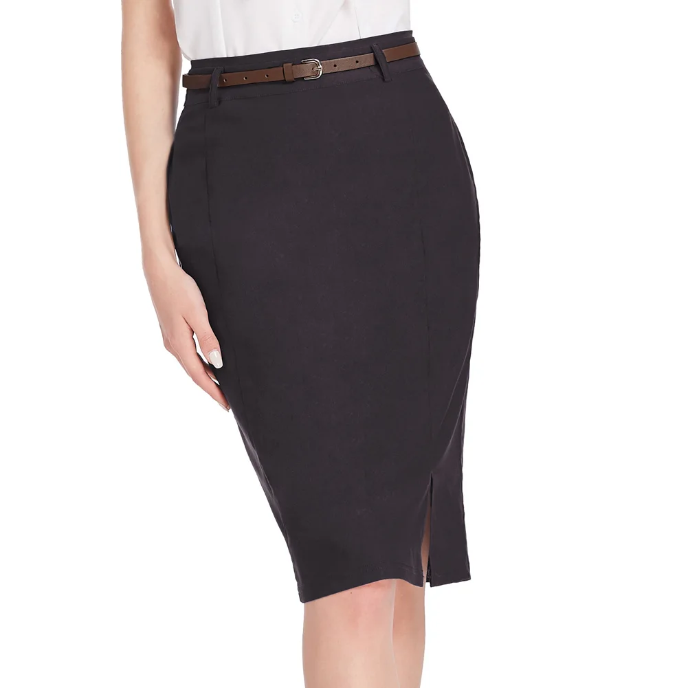 KK Women's Business Casual Bodycon Pencil Skirt With Belt Solid Midi Hip Wrapped Knee Length Skirts Wear To Work Office Lady A30