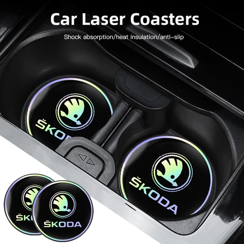Car Interior Anti Slip Pad, 2Pcs Car Laser Coaster, For Skoda Octavia Superb Rapid Kodiaq Kamiq Vision RS Yeti Karoq Fabia Enyaq