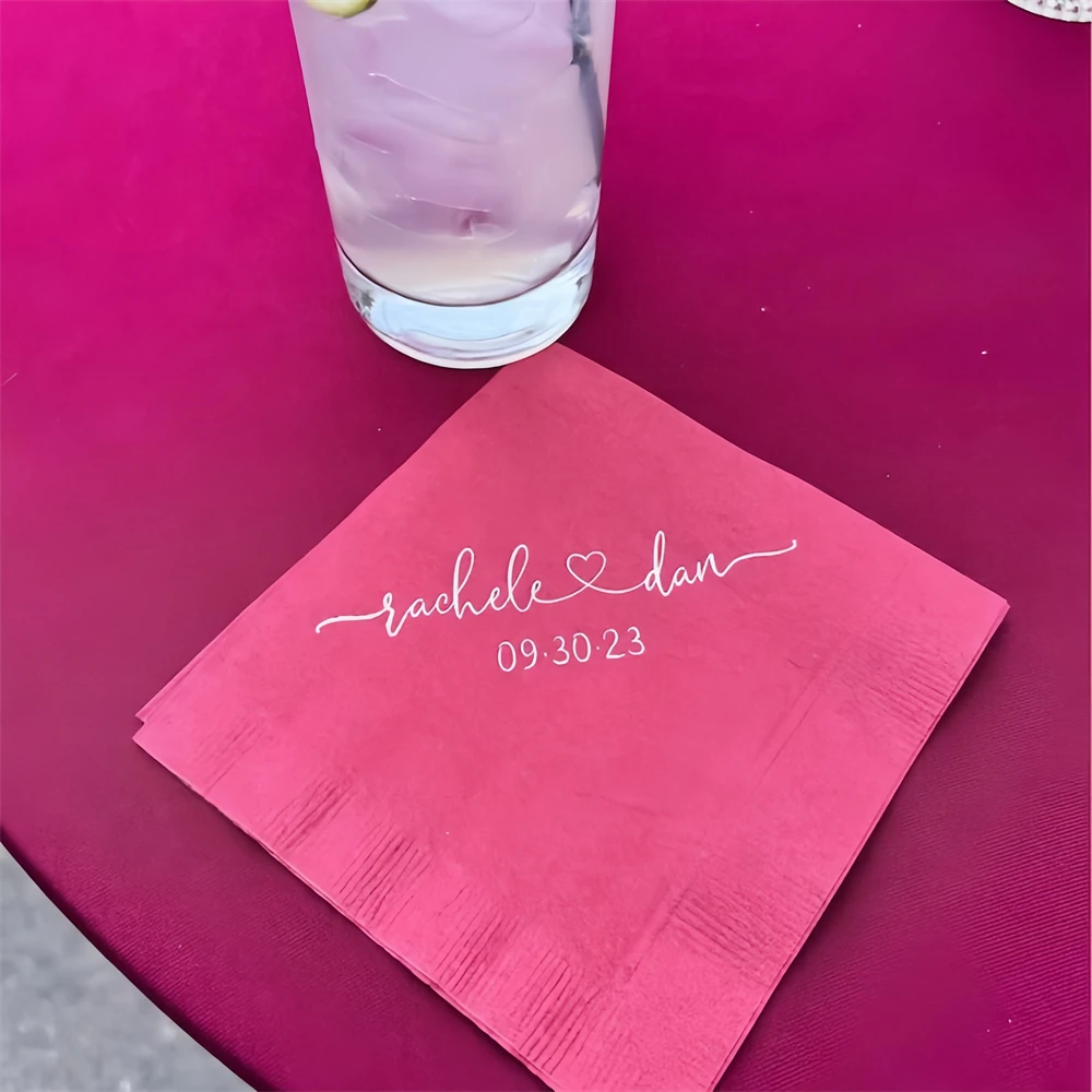 

50Pcs Personalized Wedding Napkins Personalized Heart Connected Monogram Wedding Cocktail Napkins Custom Bar Napkins Reception