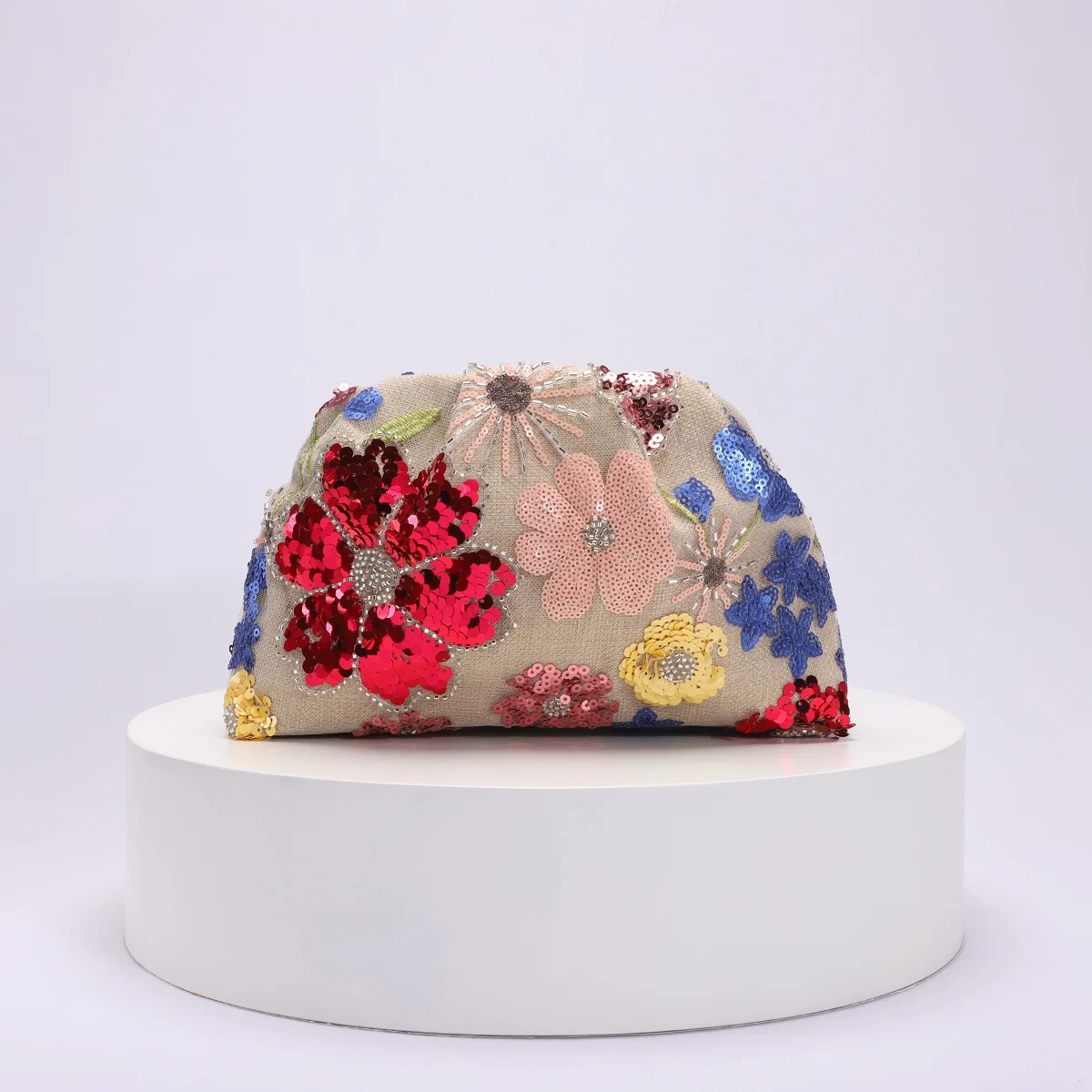 Fashion Sequins Clip Shell Clutch Bag for Women Flower Embroidery Shoulder Crossbody Bags Vintage Evening Party Female Purses