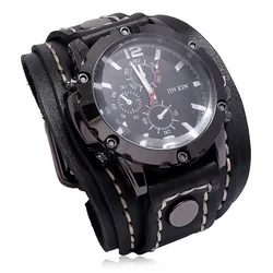 Men's Luxury Quartz Wristwatch with Wide Cowhide Leather Bracelet - Punk Style (Black)