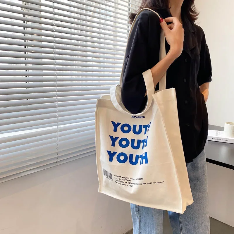 

Women Canvas Shopping Bag YOUTH Letters Print Female Cotton Cloth Shoulder Bag Eco Handbag Tote Reusable Grocery Shopper Bags