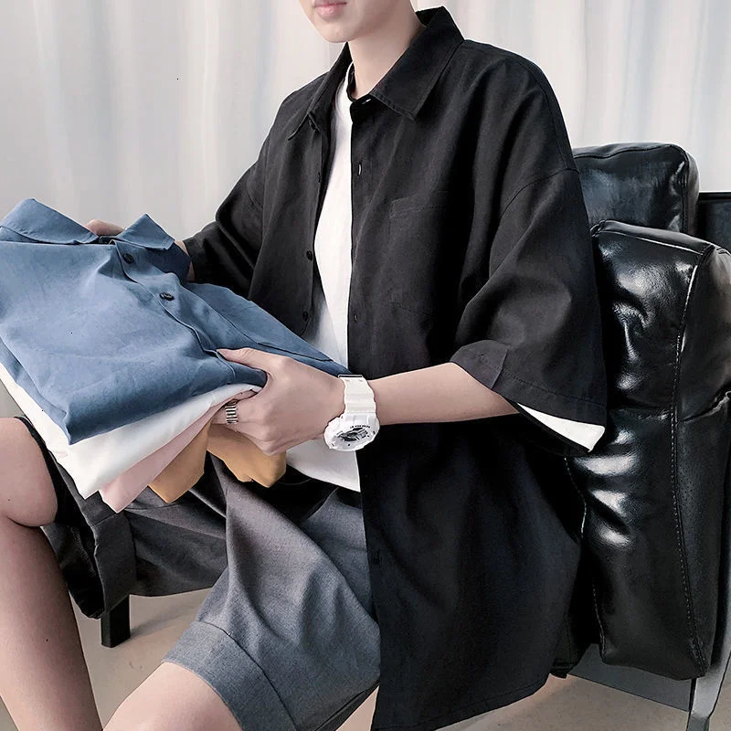 

Hybskr Oversize Solid Color Men Shirt Short Sleeve Pockets Summer Blouses Classic Tops Fashion Korean Clothing Male Cardigan