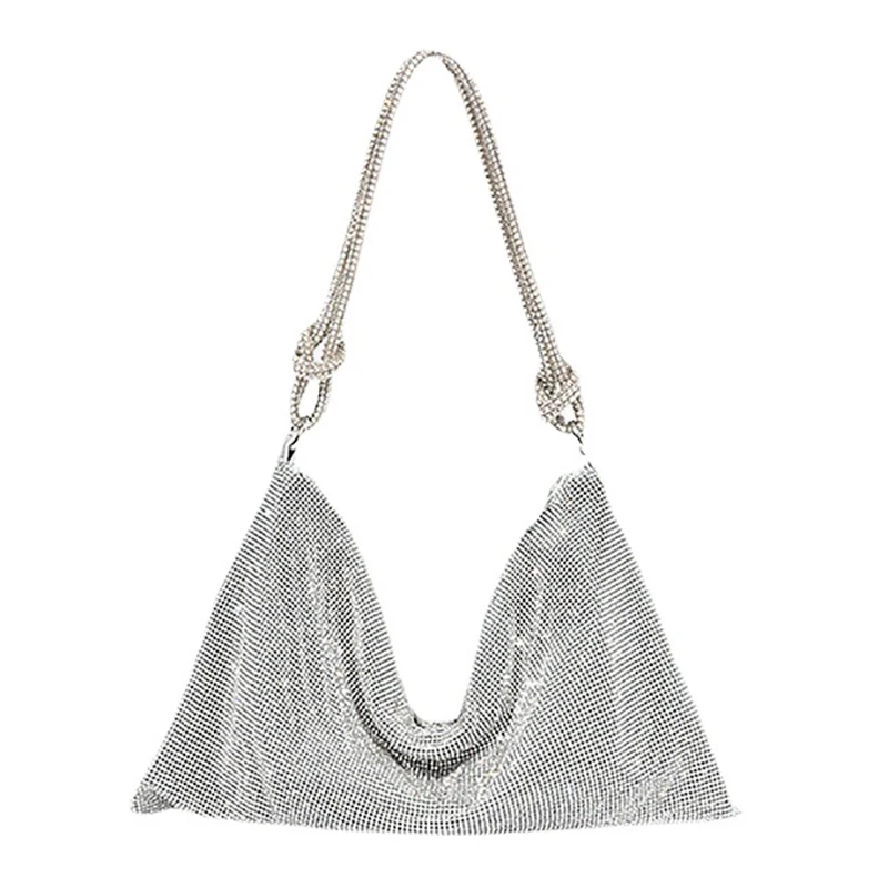 

Fashion Brand Rhinestone Sparkly Hobo Handbag Evening Clutch Silver Shiny Crystal Party Purses Luxury Designer Shoulder Bag
