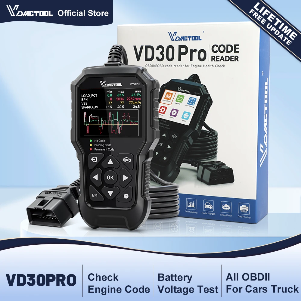 VDIAGTOOL VD30PRO Scanner OBD2, outil de diagnostic automobile avec testeur de batterie, lecteur de codes de panne du moteur, lecture de la conformité I/M, recherche de DTC