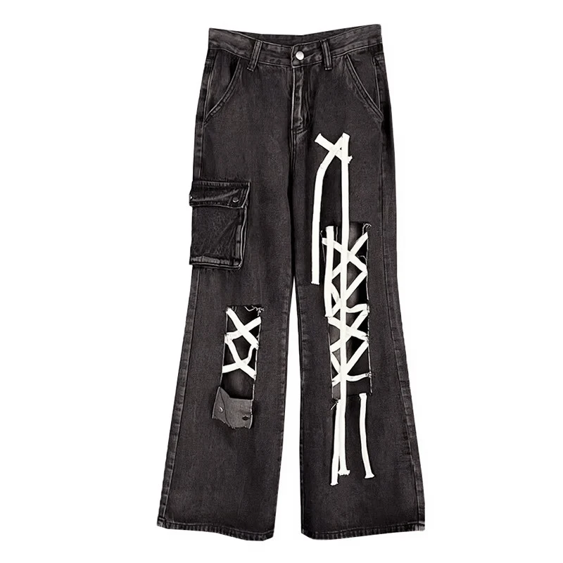 Reddachic fita rasgada buracos baggy jeans feminino vintage preto bolsos perna larga alta ascensão calças de carga punk escuro grunge streetwear