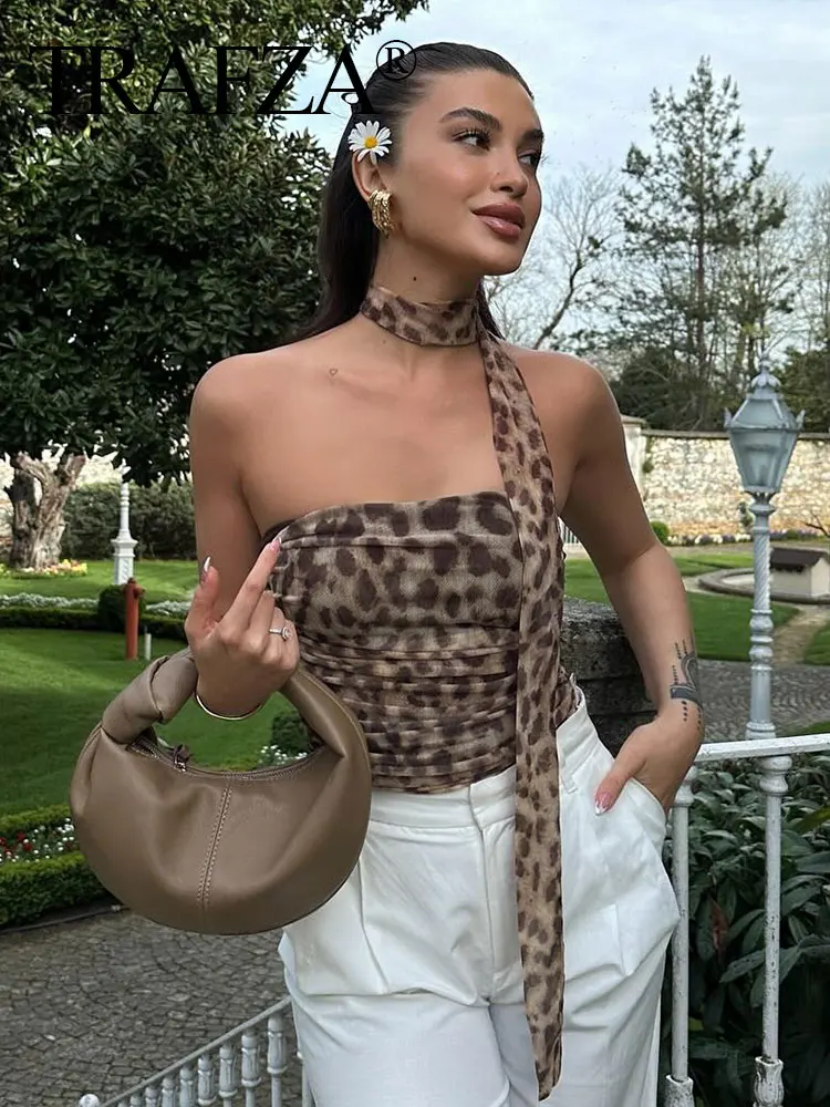 HH Women's 2024 Summer Sexy Halterneck Off-Shoulder Tube Fashion Sleeveless Leopard Print Vintage Y2K Tulle Causal Chic Tops