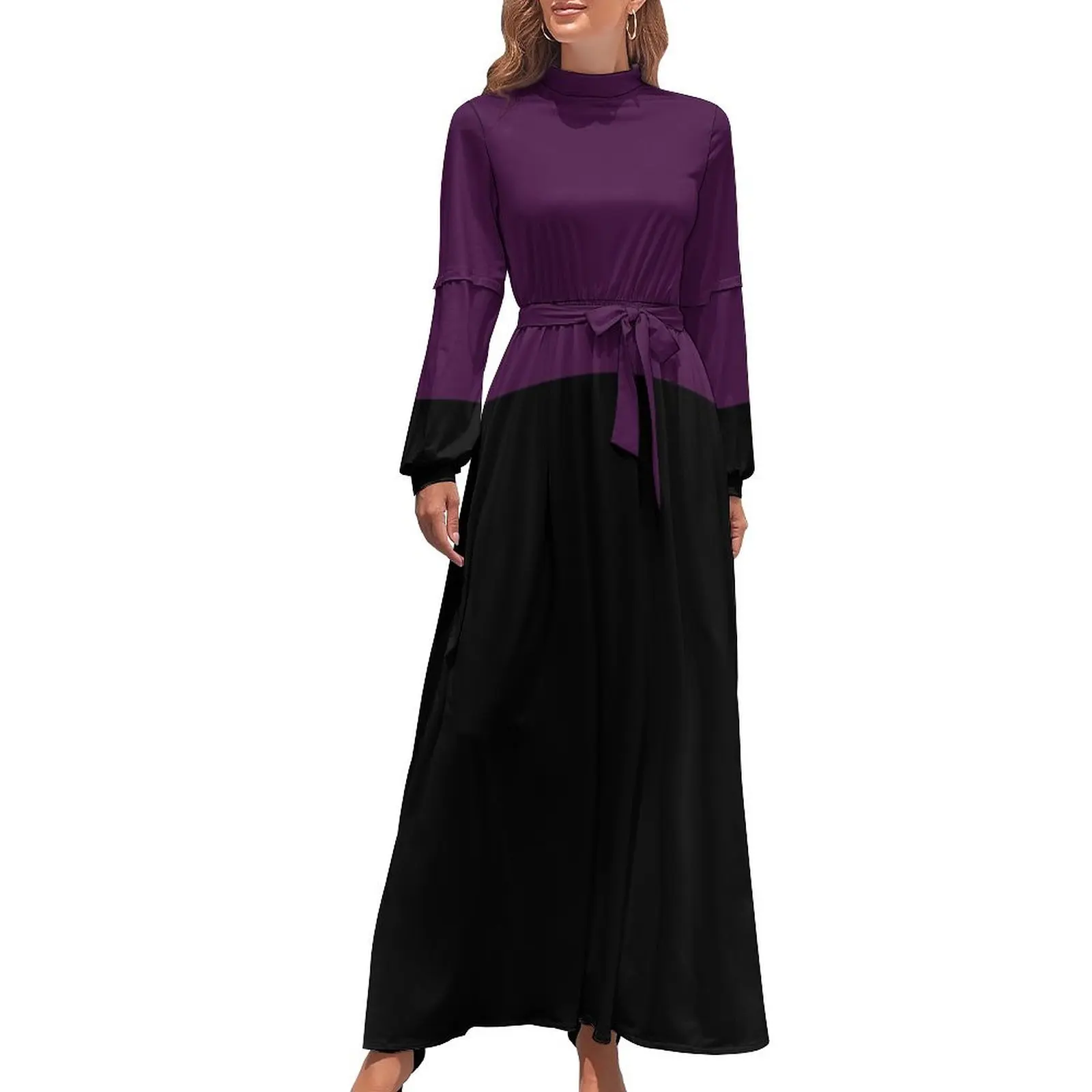 thumbnail image 1 of Vestido largo con bloques de color morado y negro, vestidos elegantes de mujer para bodas, conjuntos elegantes de mujer, 1 of 5