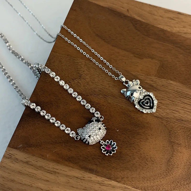 Kawai Hello Kitty Necklace Sanrio Sweet Full Diamond Hello Kitty Flower Necklace Fashion Couple Jewelry Girl Festival Gift