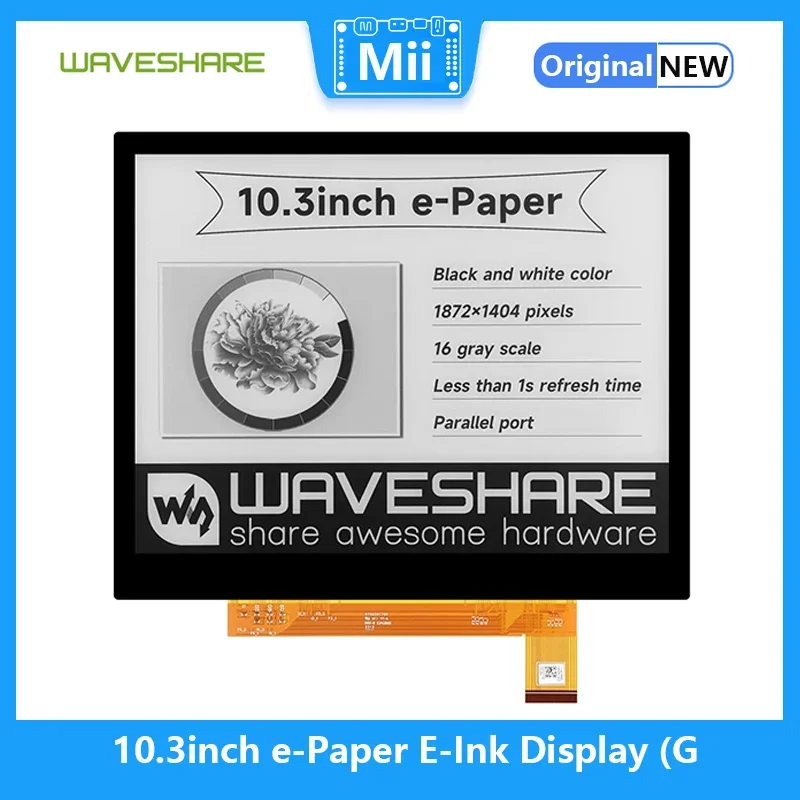 

Waveshare 10.3inch e-Paper E-Ink Display (G), 1872×1404, Black/White, Optical Bonding Toughened Glass Panel, 2-16 Grey Scales