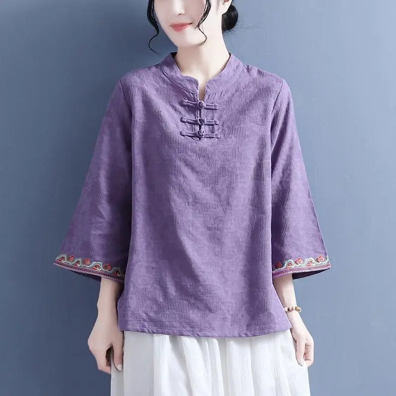 Cheongsam Women's Plus Size Tops Summer Cotton Blend Splicing Embroidery Stand Collar Chinese Style Qipao Shirts Woman