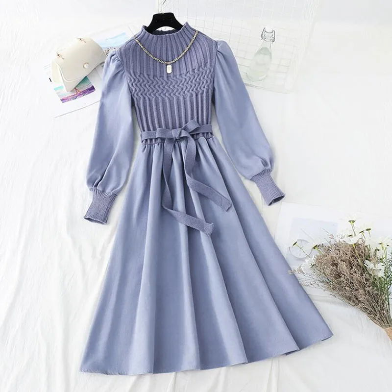 

Elegant Solid Women Dress Fashion Korean Half High Collar Puff Sleeve Splice Knit Dresses Autumn Vintage Corduroy Dressエレガントなドレス