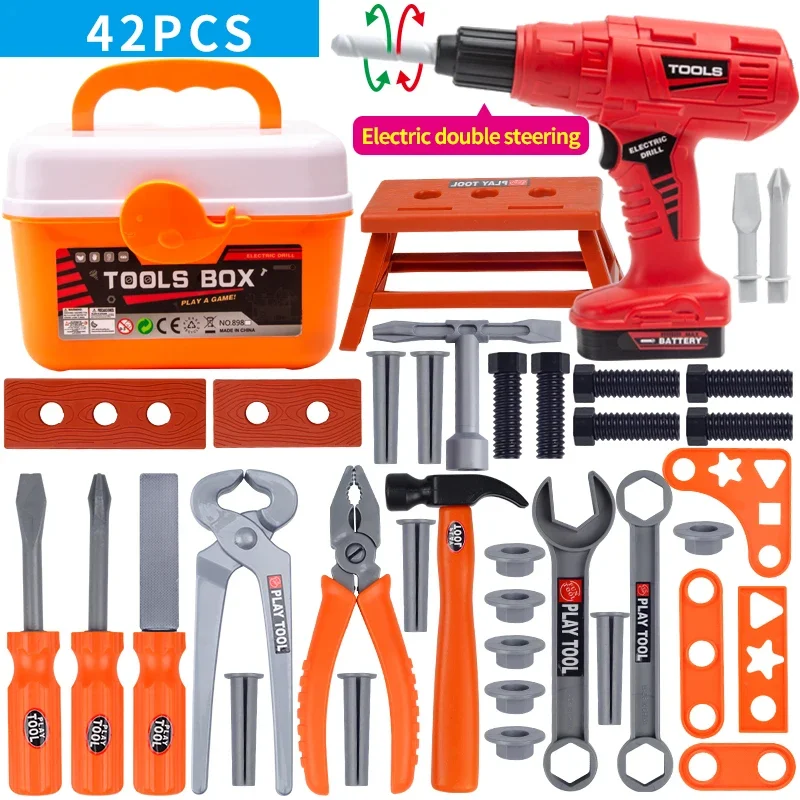 Children's Tool Set with Electric Toy Drill Kids Power Toy Pretend Play Tools Kit for Boys Girls Education Montessori Learning 4