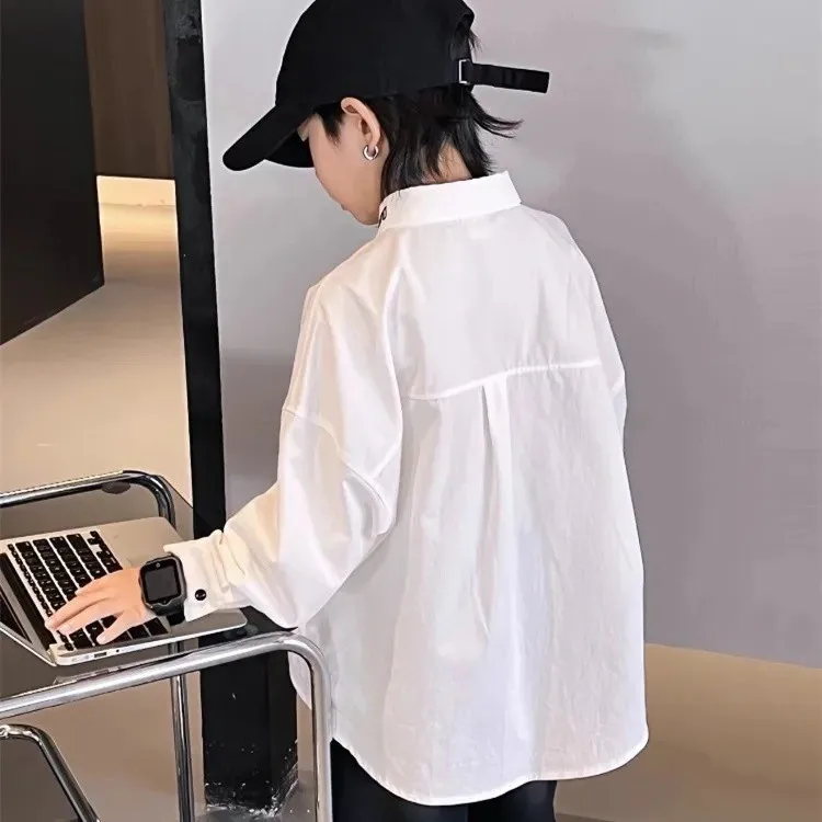 جديد 3-12 سنة ربيع الخريف الفتيان قميص بلون واحدة الصدر الوقوف طوق كم طويل قميص للأطفال الأطفال القطن قميص